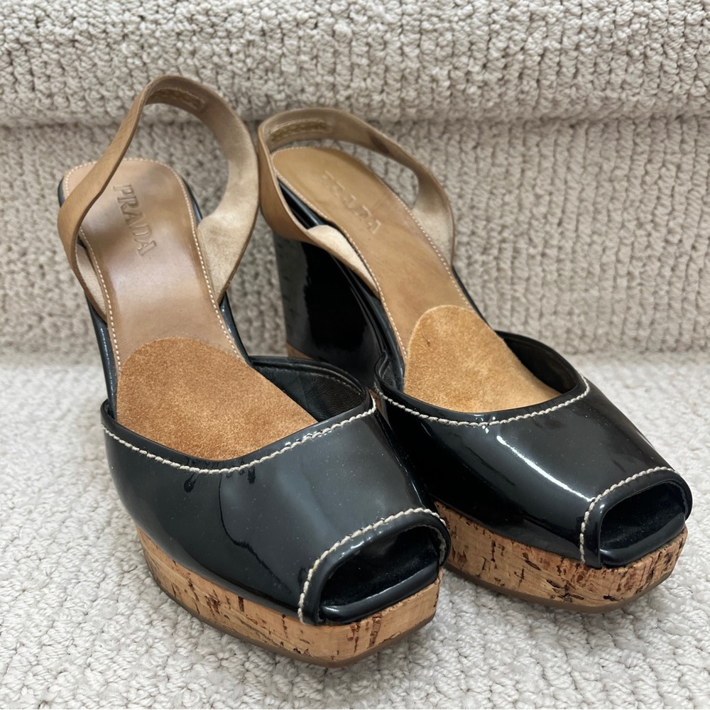 Prada Patent Leather Wedge Sandals Cork Black Vintage Heel Strappy Sz 37 1/2